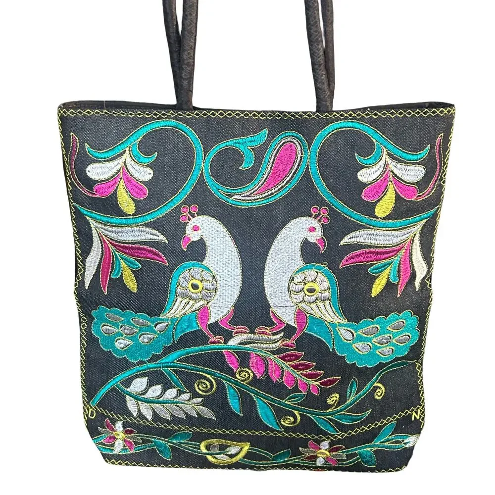 Embroidered Denim Tote Bag — 14x14, Boho/Artisan Style - Picture 2 of 8